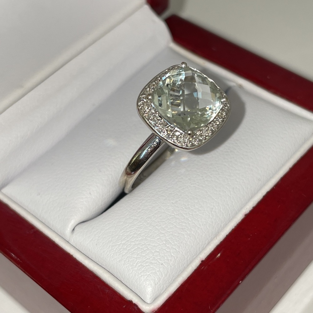 Dazzling White Gold Pale Green Prasiolite And Diamond Halo Ring - Picture 12 of 16
